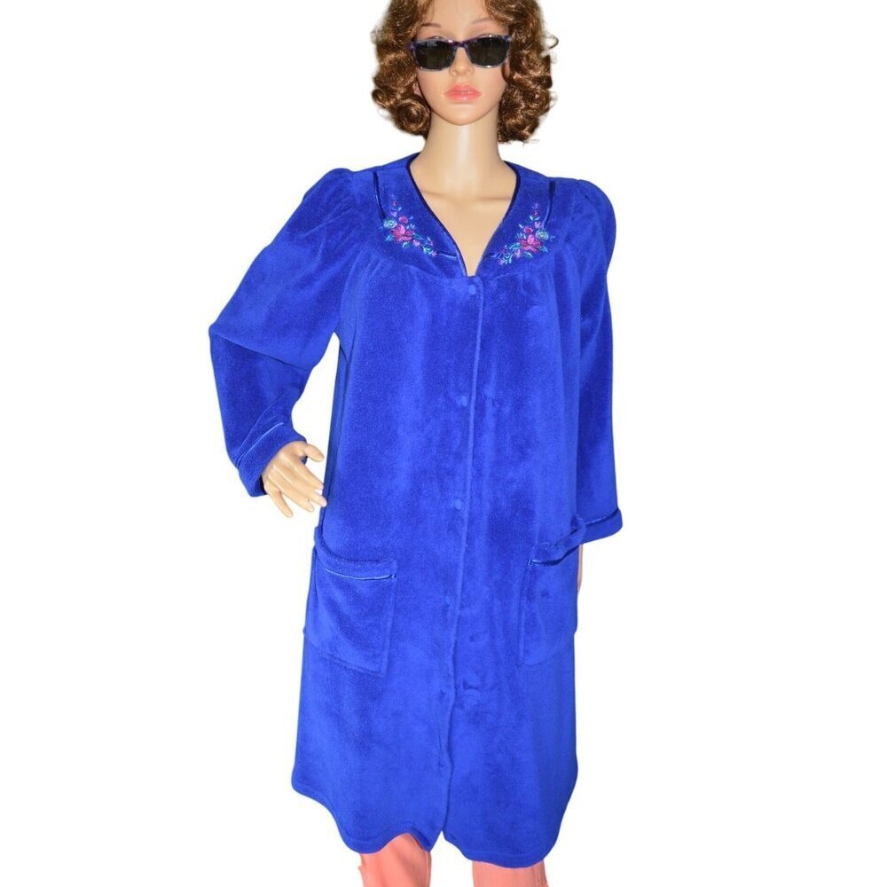 Vintage y2k Rebecca Malone Plush Sleep Robe Nightgown Blue Floral Womens Size M